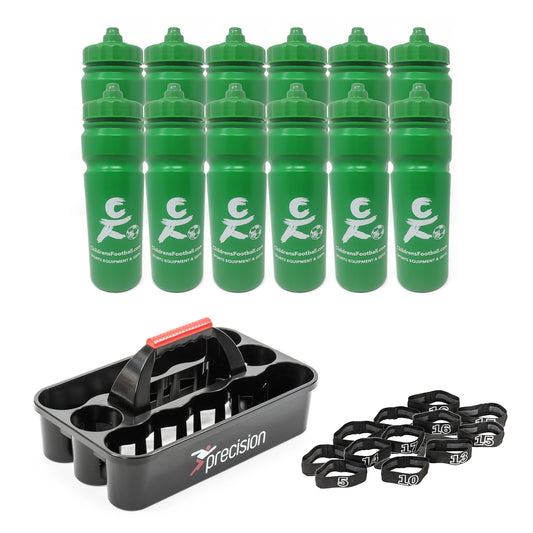12 green football team bottles with carrier and number bands