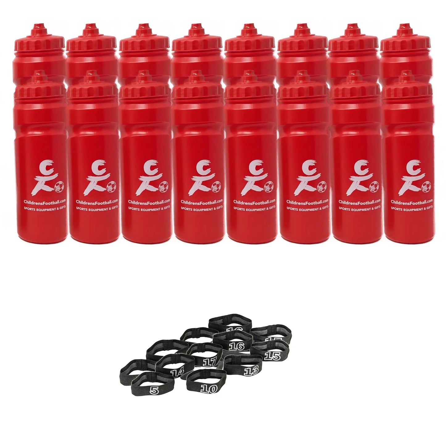 10, 12 or 16 football team 750ml water bottles, bottle carrier and number bands