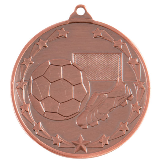 Bronze medal with soccer ball and boot design on a white background