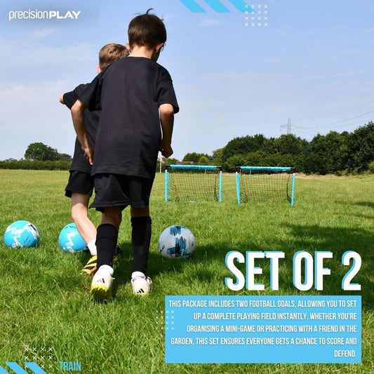 PrecisionPLAY Quick Folding Goals (set of 2) children playing football with the goals