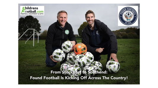Matt Hackett from ChildrensFootball.com and Ritchie Beckett from Found Football at a junior football pitch in a park with a bundle of footballs in front of them