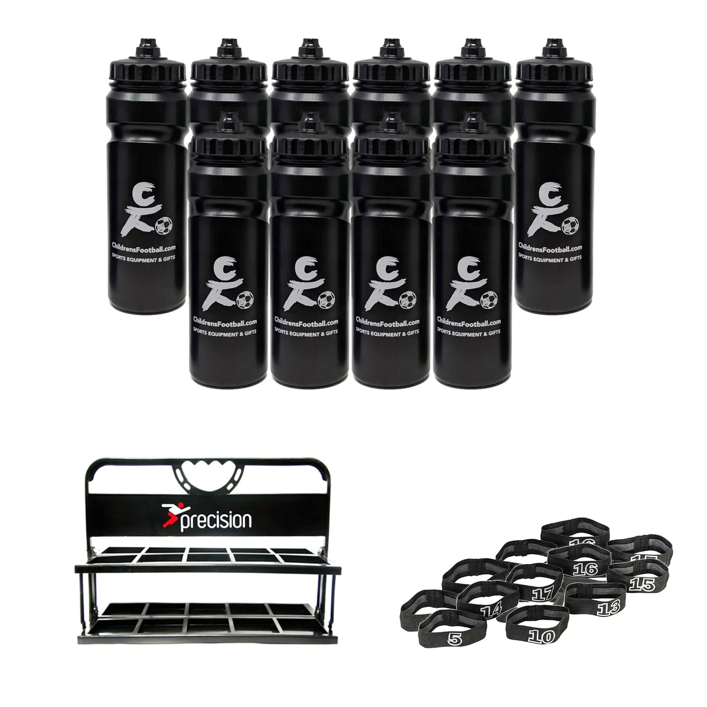 10, 12 or 16 football team 750ml water bottles, bottle carrier and number bands