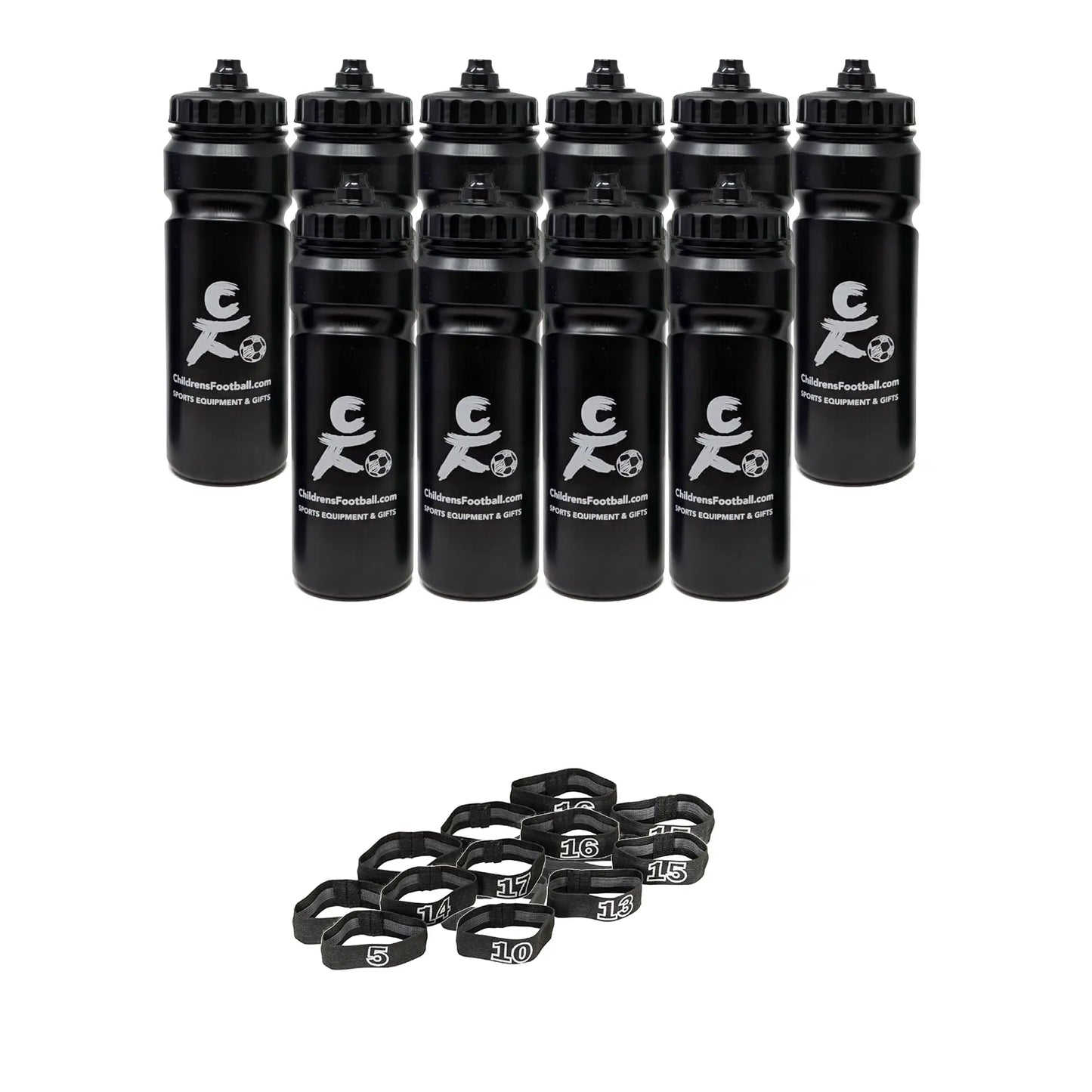 10, 12 or 16 football team 750ml water bottles, bottle carrier and number bands
