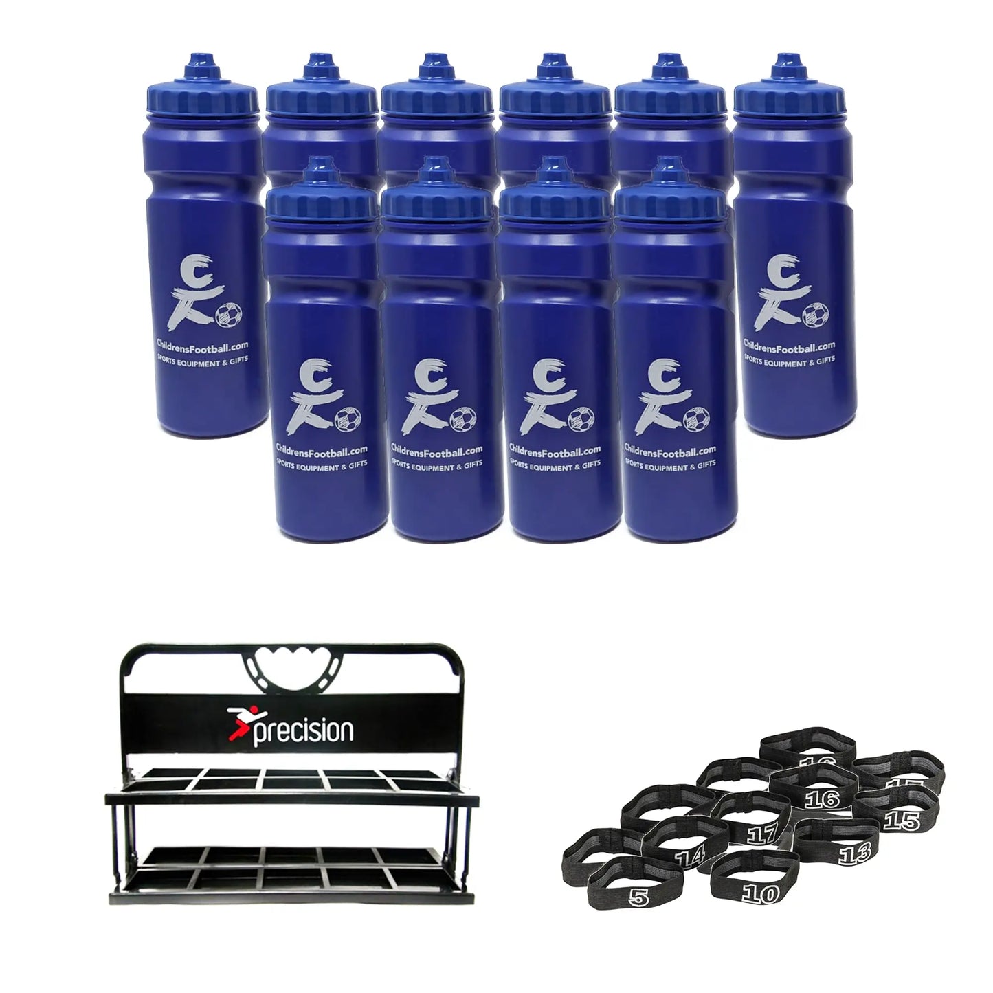 10, 12 or 16 football team 750ml water bottles, bottle carrier and number bands
