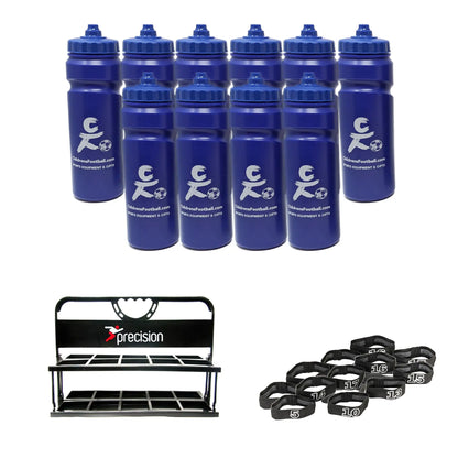 10, 12 or 16 football team 750ml water bottles, bottle carrier and number bands