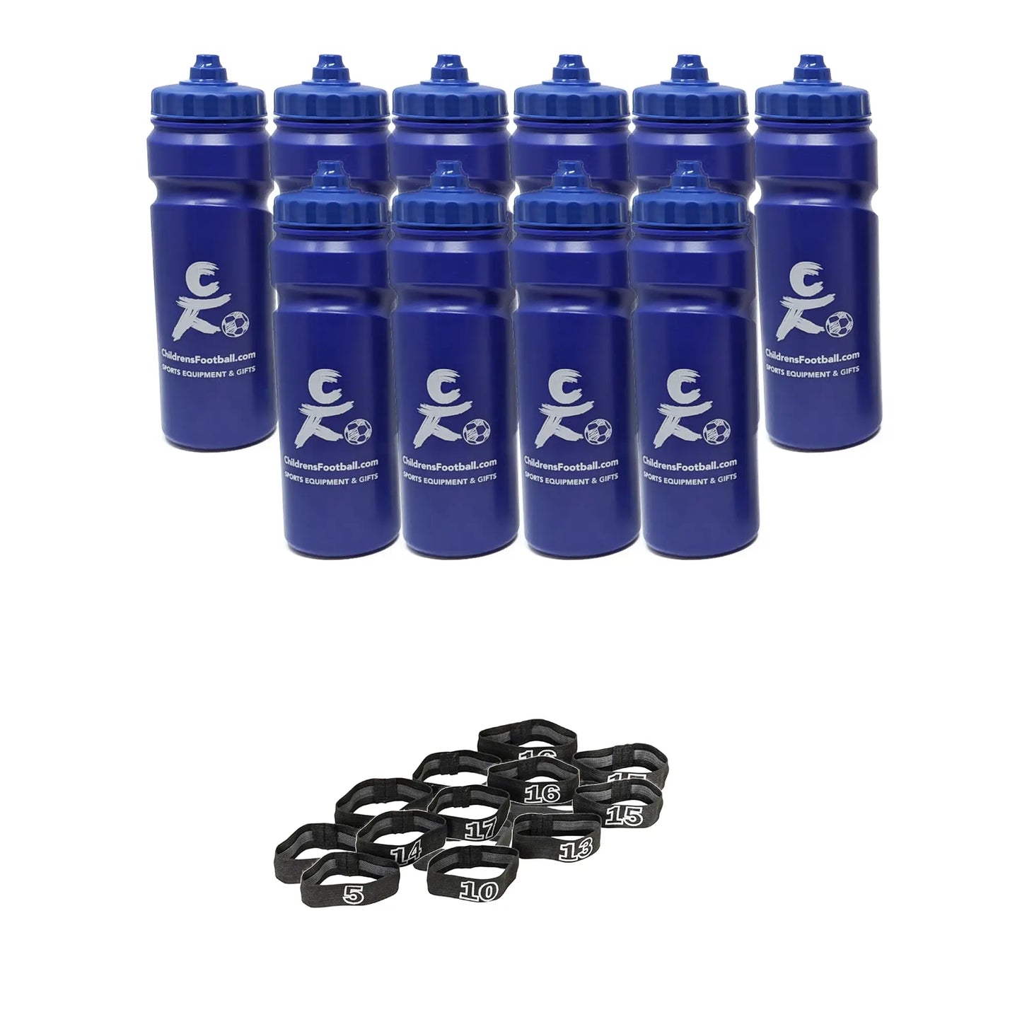 10, 12 or 16 football team 750ml water bottles, bottle carrier and number bands