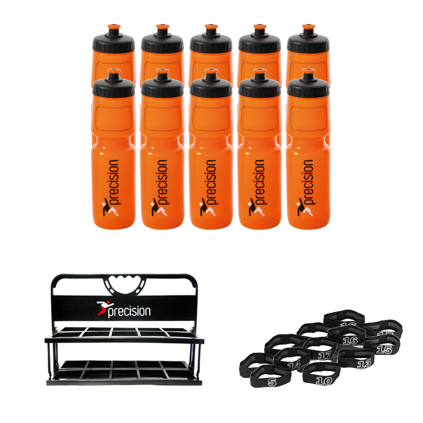 10, 12 or 16 football team 750ml water bottles, bottle carrier and number bands