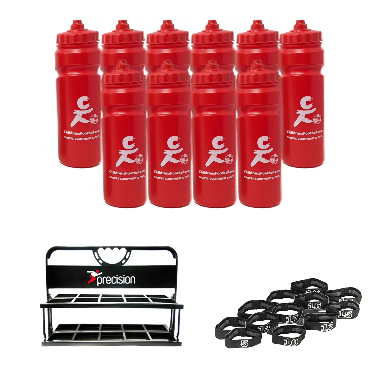 10, 12 or 16 football team 750ml water bottles, bottle carrier and number bands