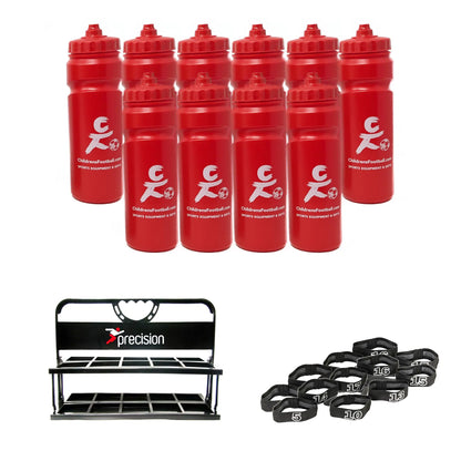 10, 12 or 16 football team 750ml water bottles, bottle carrier and number bands