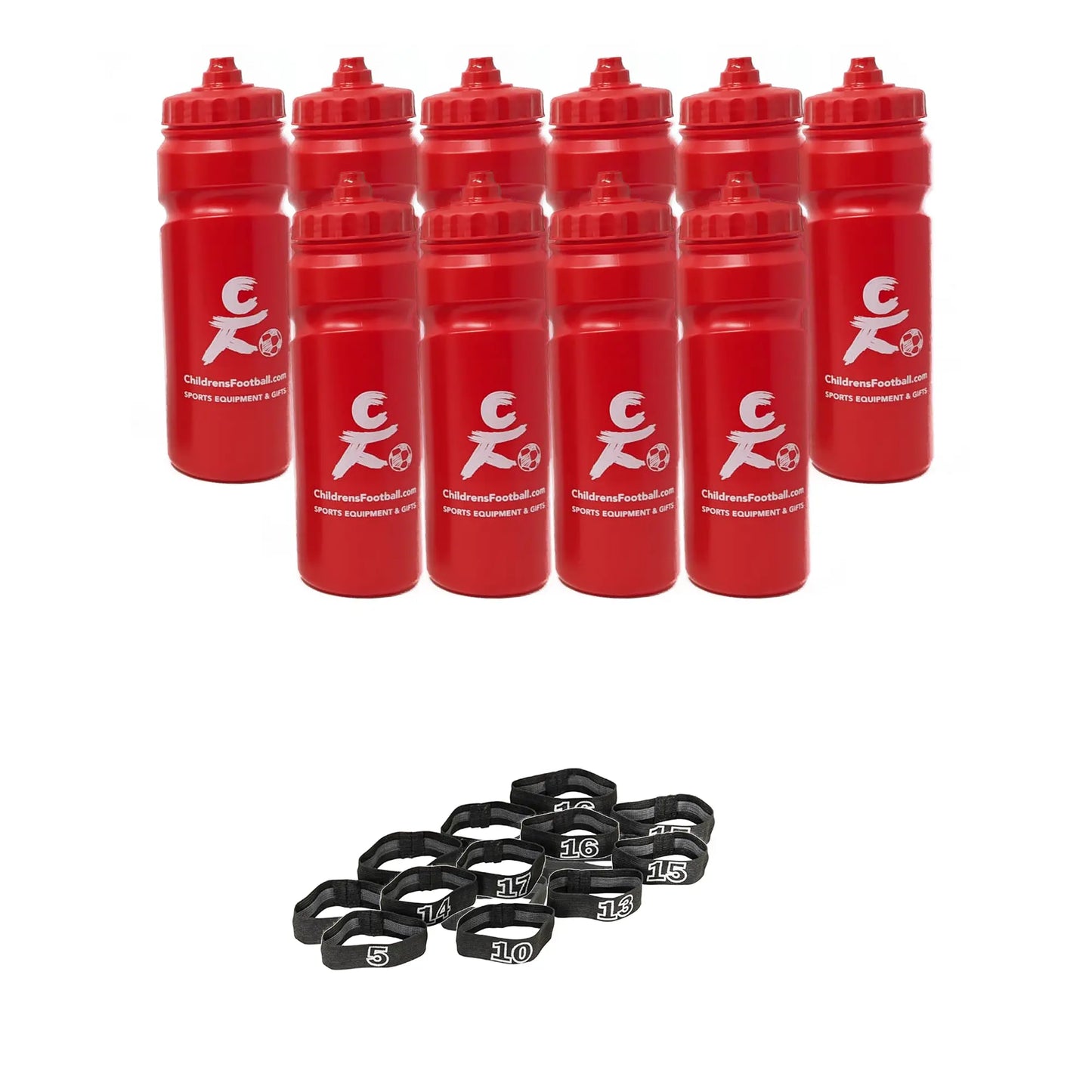 10, 12 or 16 football team 750ml water bottles, bottle carrier and number bands