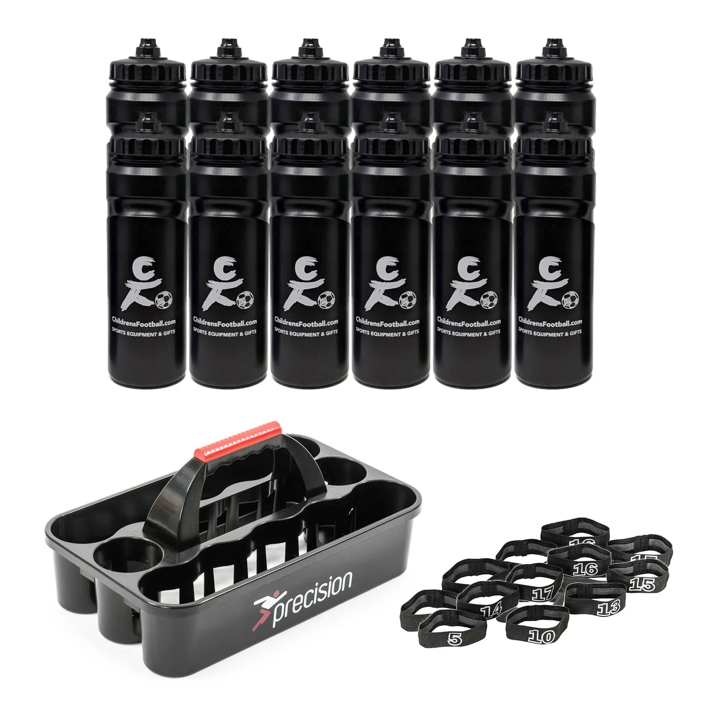 10, 12 or 16 football team 750ml water bottles, bottle carrier and number bands