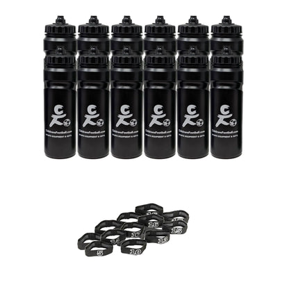 10, 12 or 16 football team 750ml water bottles, bottle carrier and number bands