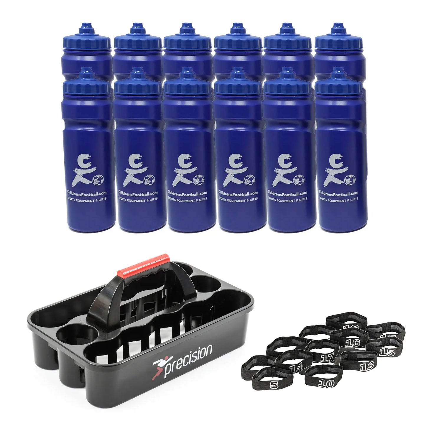 10, 12 or 16 football team 750ml water bottles, bottle carrier and number bands