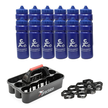 10, 12 or 16 football team 750ml water bottles, bottle carrier and number bands