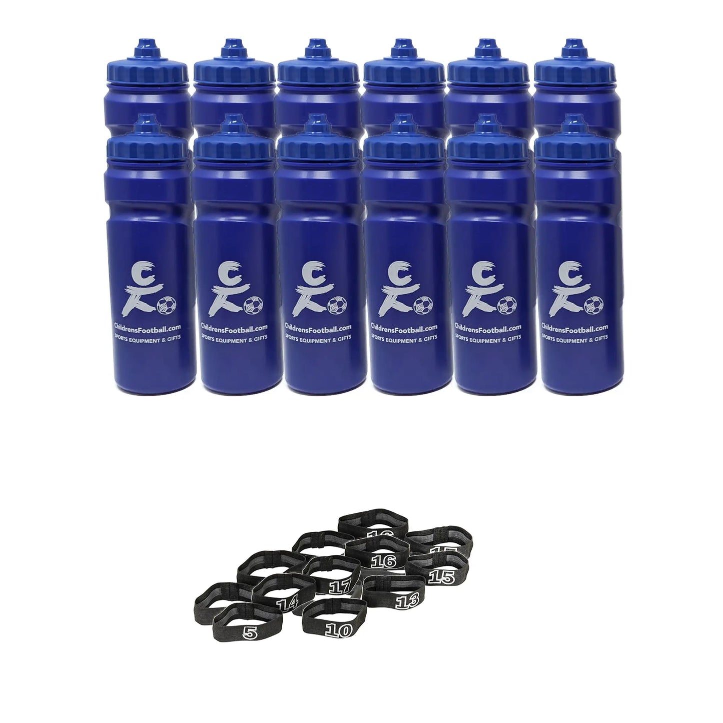 10, 12 or 16 football team 750ml water bottles, bottle carrier and number bands