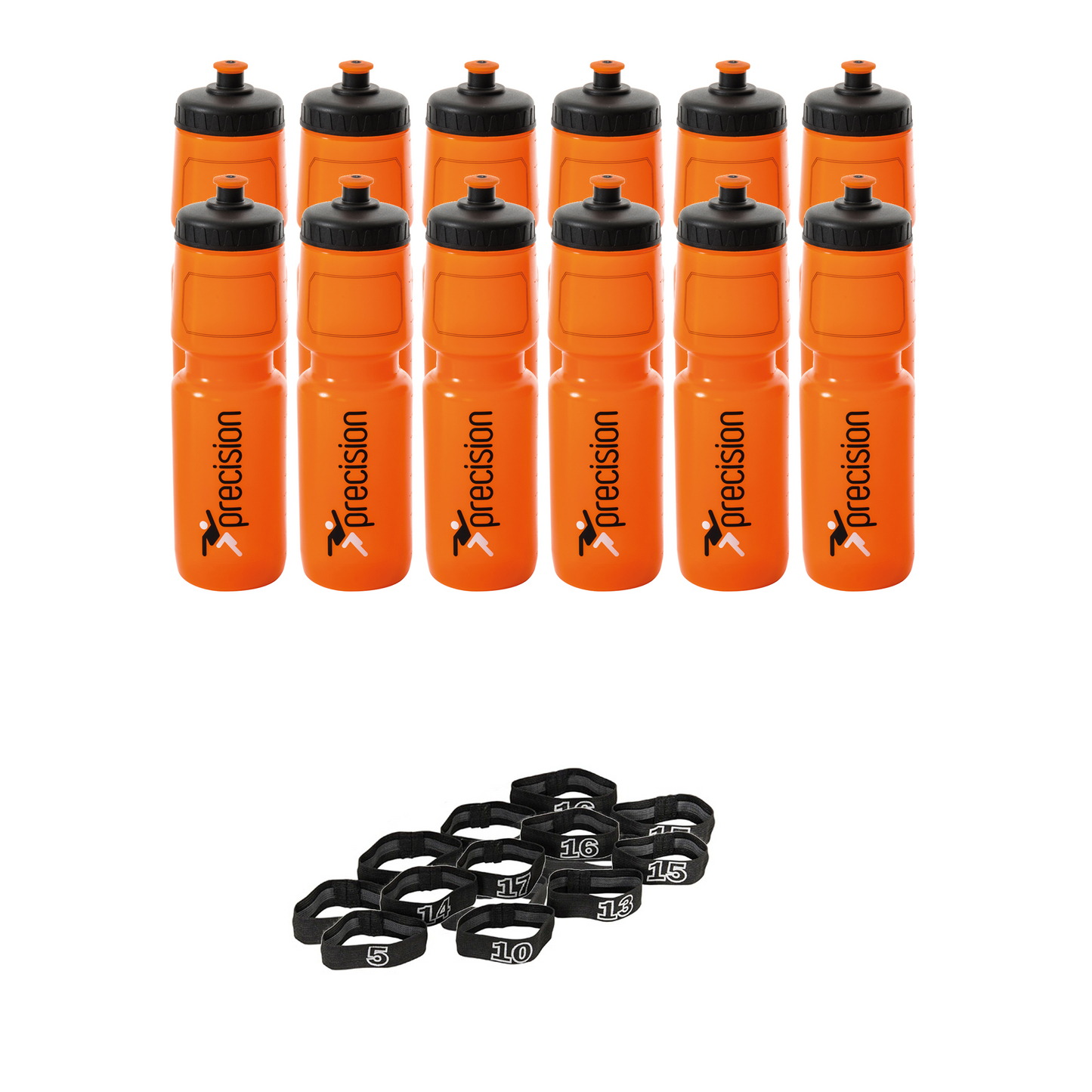 10, 12 or 16 football team 750ml water bottles, bottle carrier and number bands