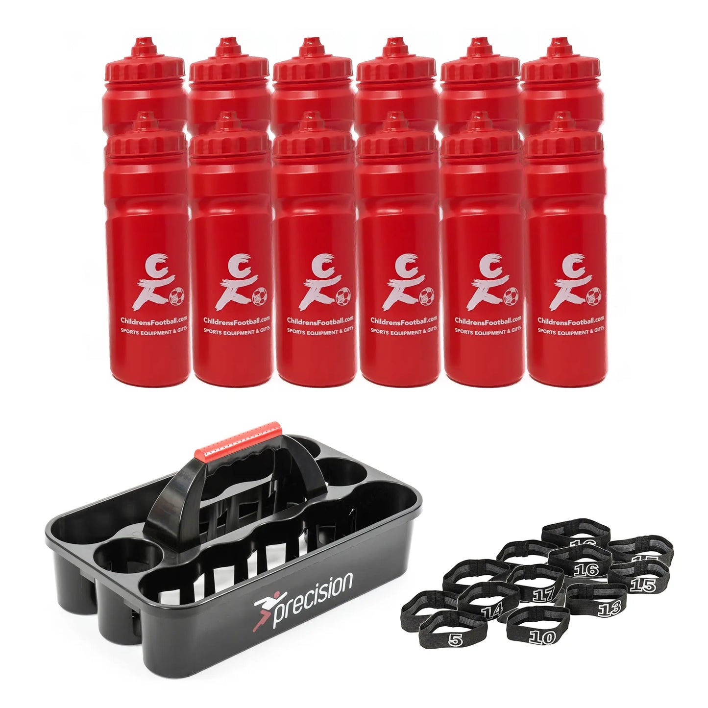 10, 12 or 16 football team 750ml water bottles, bottle carrier and number bands