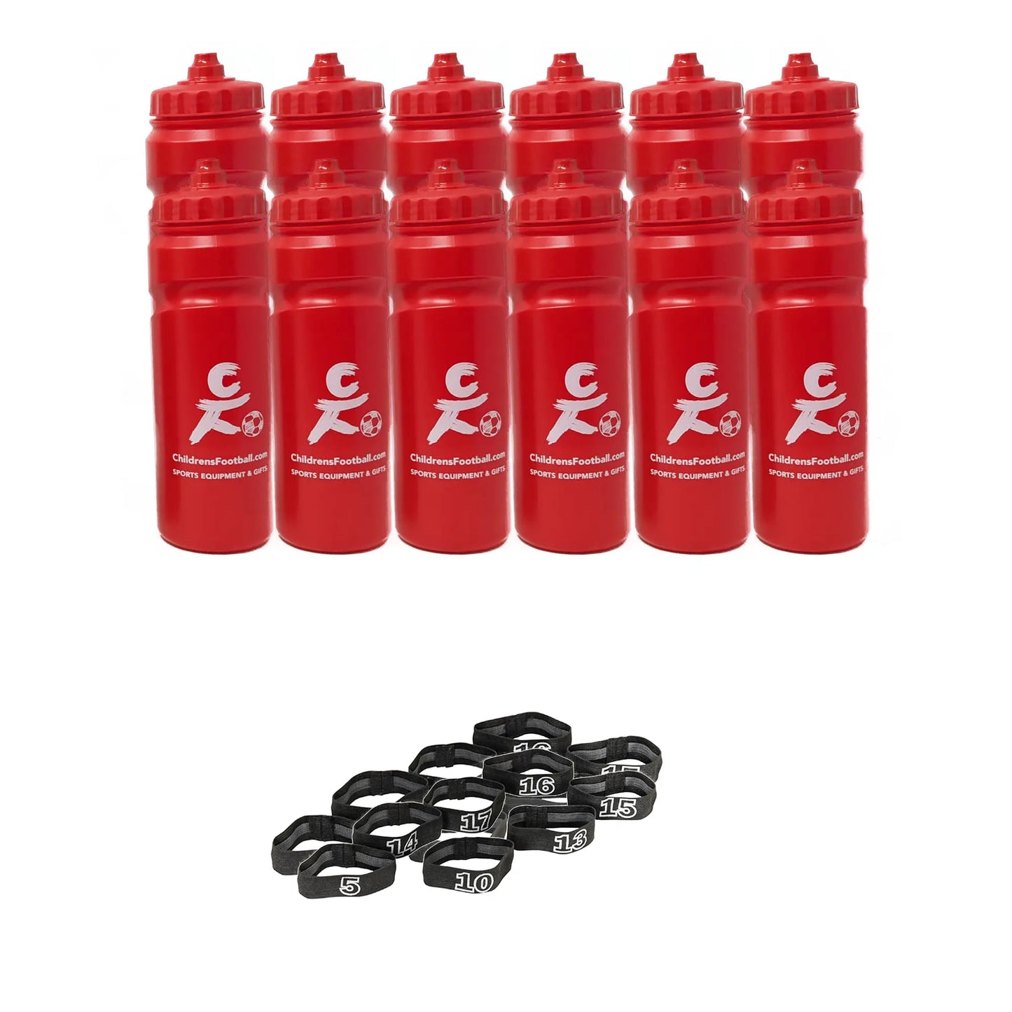 10, 12 or 16 football team 750ml water bottles, bottle carrier and number bands
