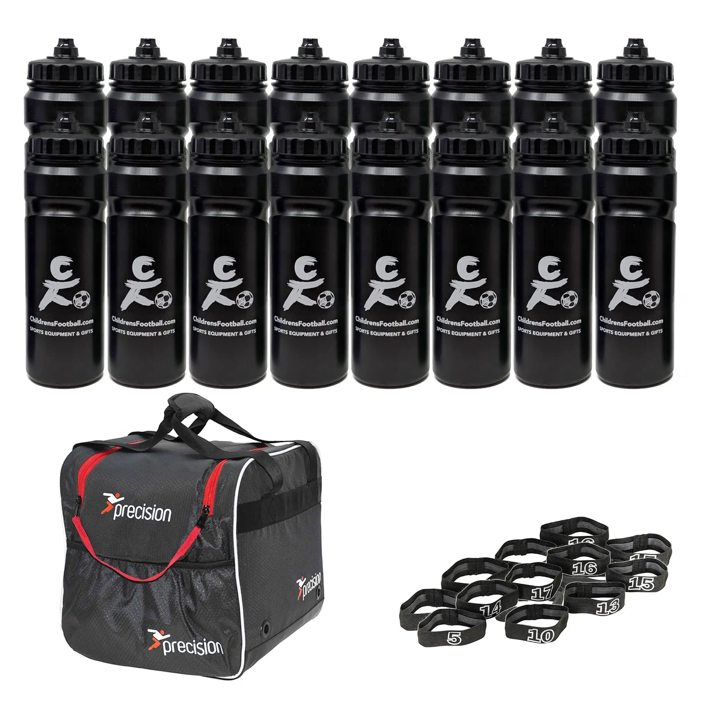 10, 12 or 16 football team 750ml water bottles, bottle carrier and number bands