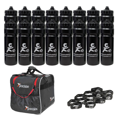 10, 12 or 16 football team 750ml water bottles, bottle carrier and number bands