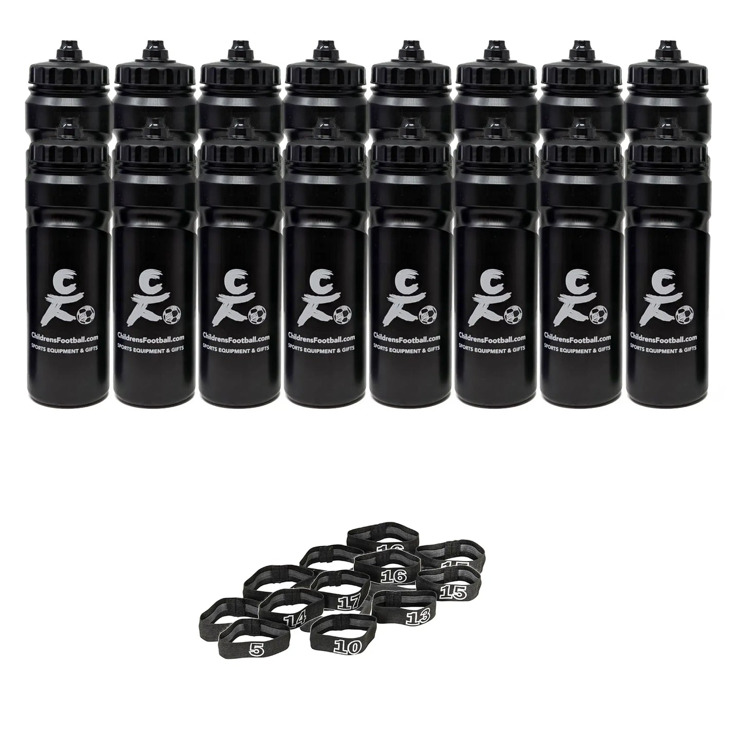 10, 12 or 16 football team 750ml water bottles, bottle carrier and number bands
