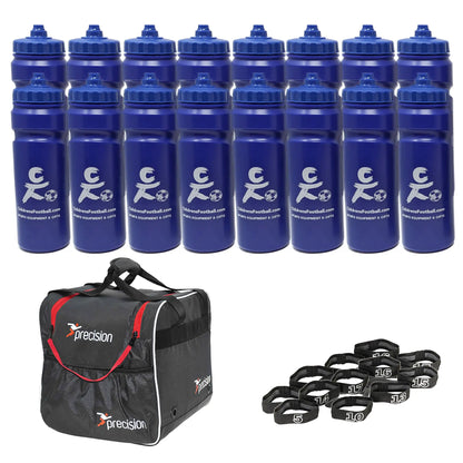 10, 12 or 16 football team 750ml water bottles, bottle carrier and number bands