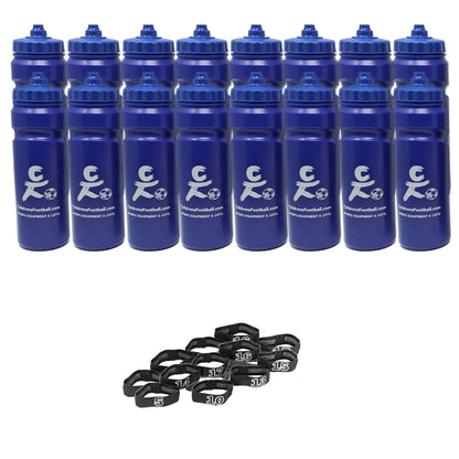10, 12 or 16 football team 750ml water bottles, bottle carrier and number bands