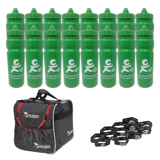 16 green football team bottles with carrier and number bands