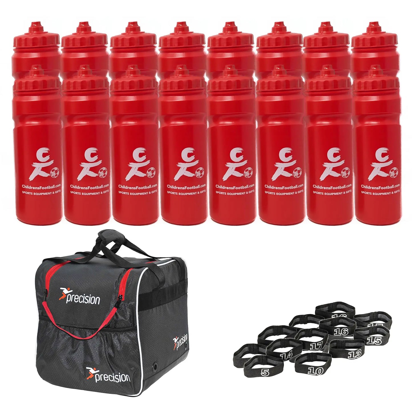 10, 12 or 16 football team 750ml water bottles, bottle carrier and number bands