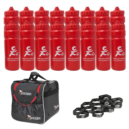 10, 12 or 16 football team 750ml water bottles, bottle carrier and number bands