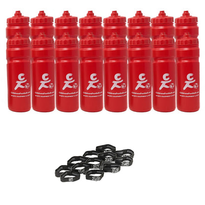 10, 12 or 16 football team 750ml water bottles, bottle carrier and number bands