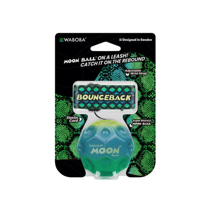 Waboba Moon Ball on a Leash packaging with green ball and black background
