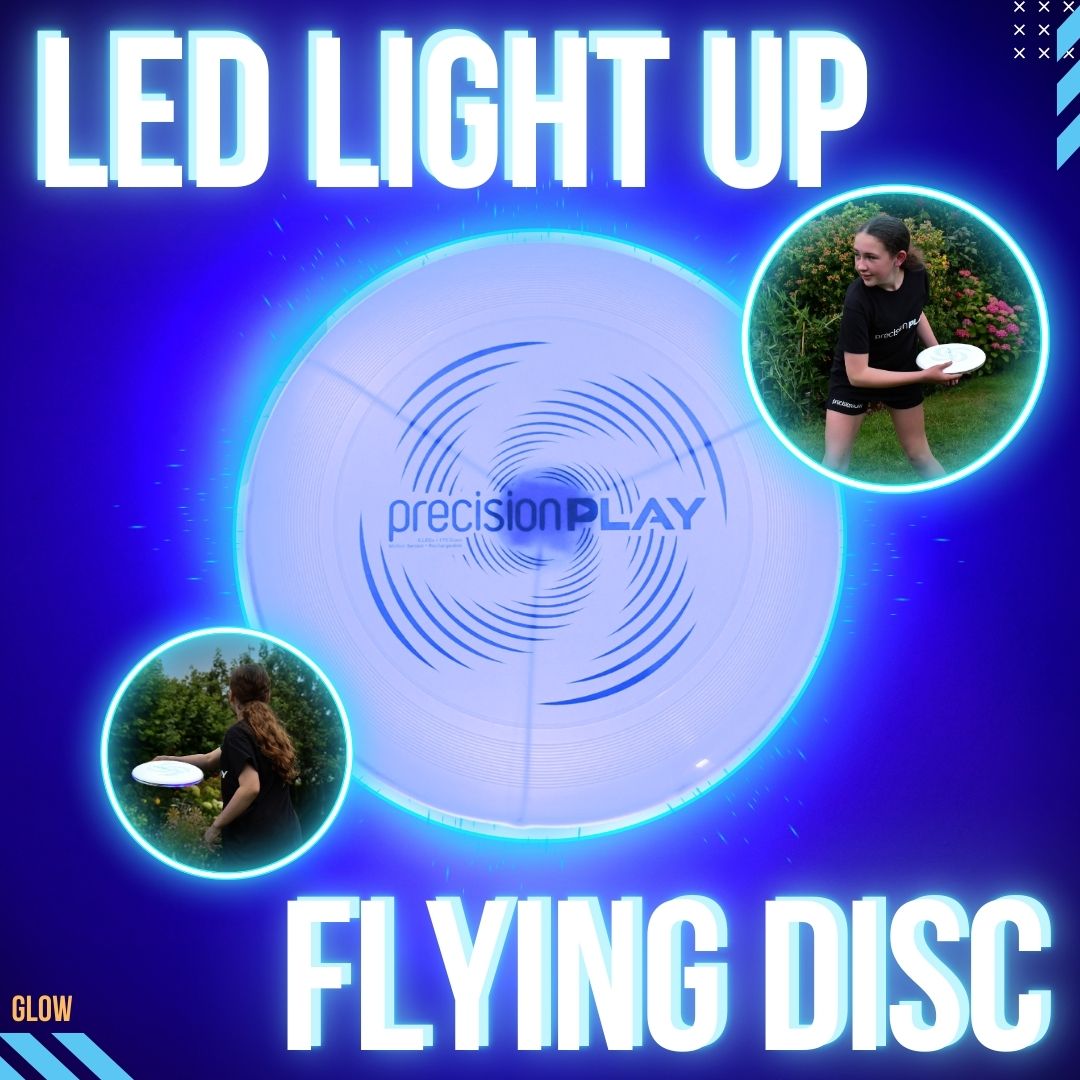 LED light-up flying disc with 'precisionPLAY' branding on a blue background