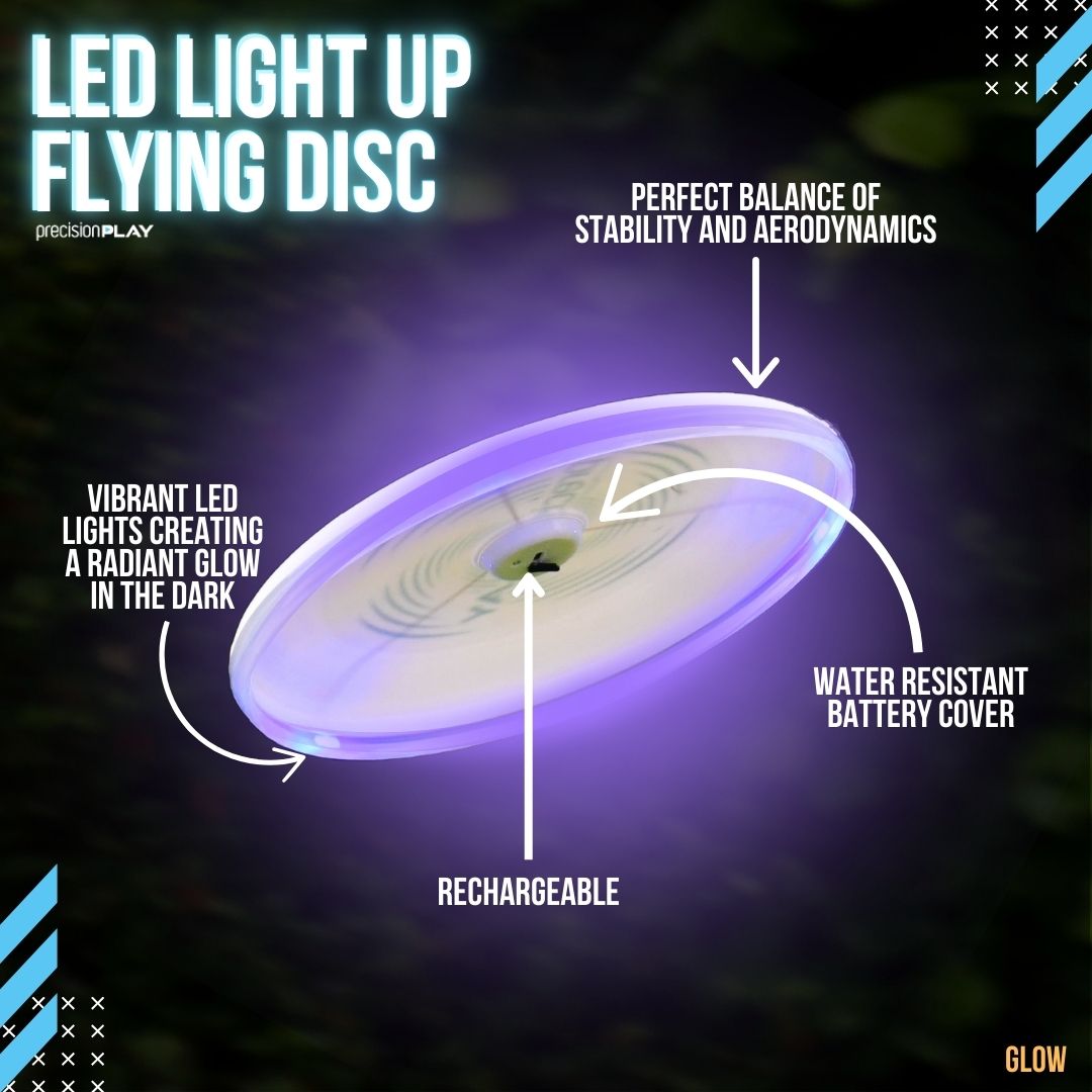 LED light-up flying disc with features highlighted on a dark background