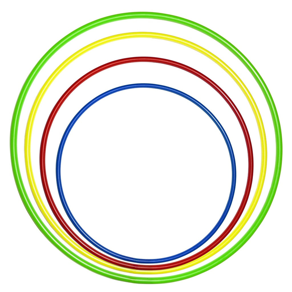 Hula Hoops, in 4 sizes, each a different colour