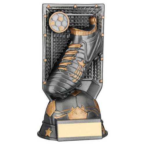 Football Trophy - Gunmetal Grey & Gold Filled Plastic Football Boot On Net & Plate