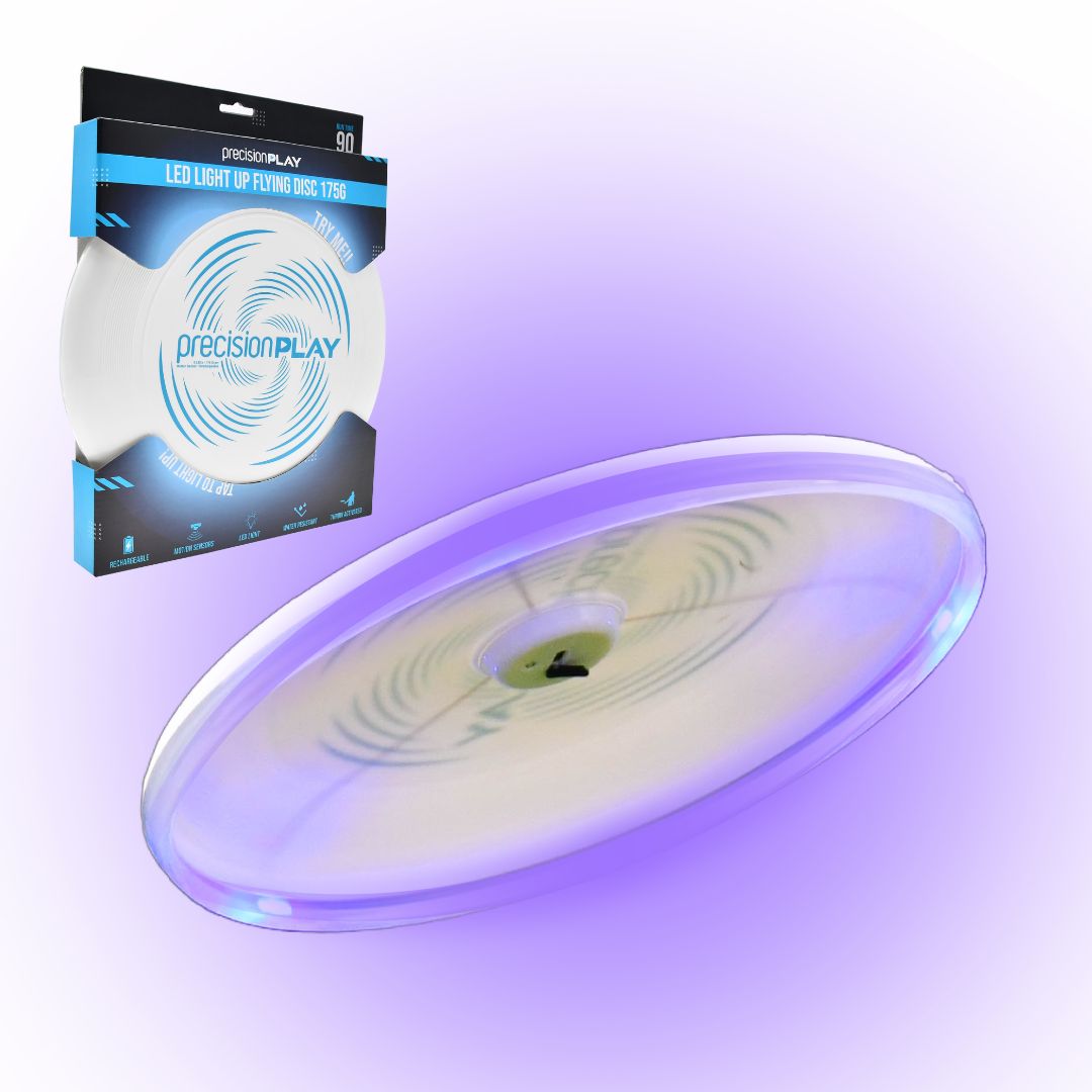Precision Play LED light-up flying disc with packaging on a white background