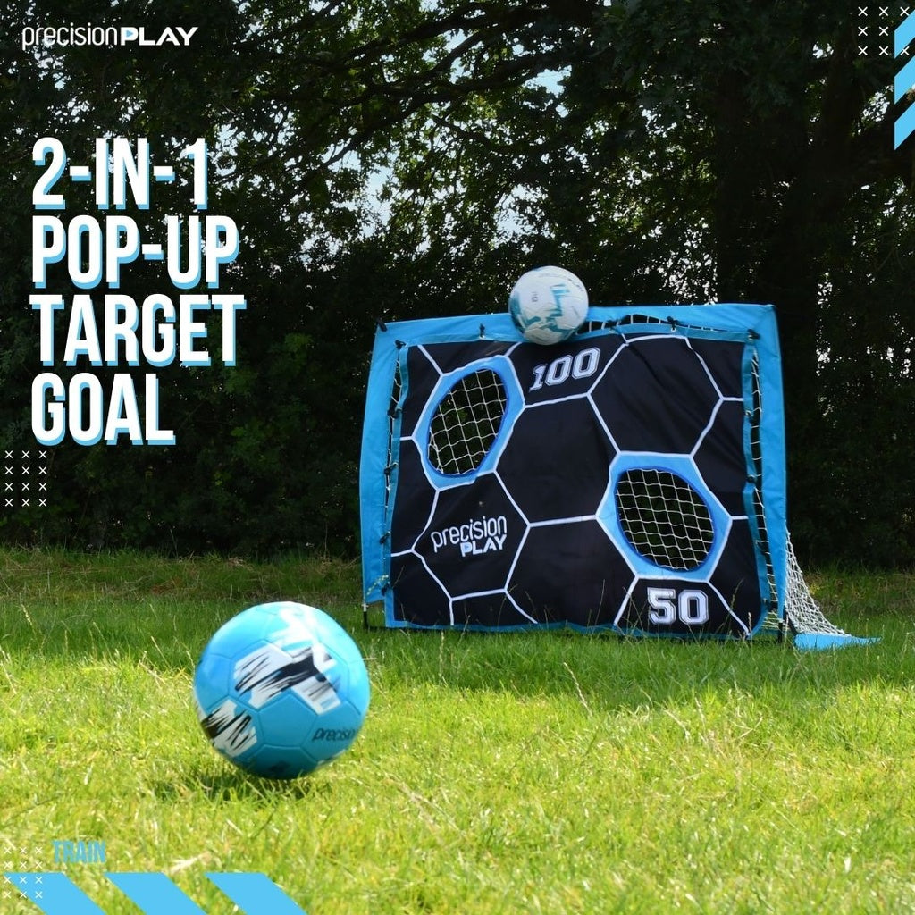 PrecisionPLAY 2in1 Pop-up Target Goal Showing Target Net In Use with footballs