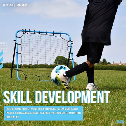 PrecisionPLAY Adjustable Rebounder in action with wording for skills development