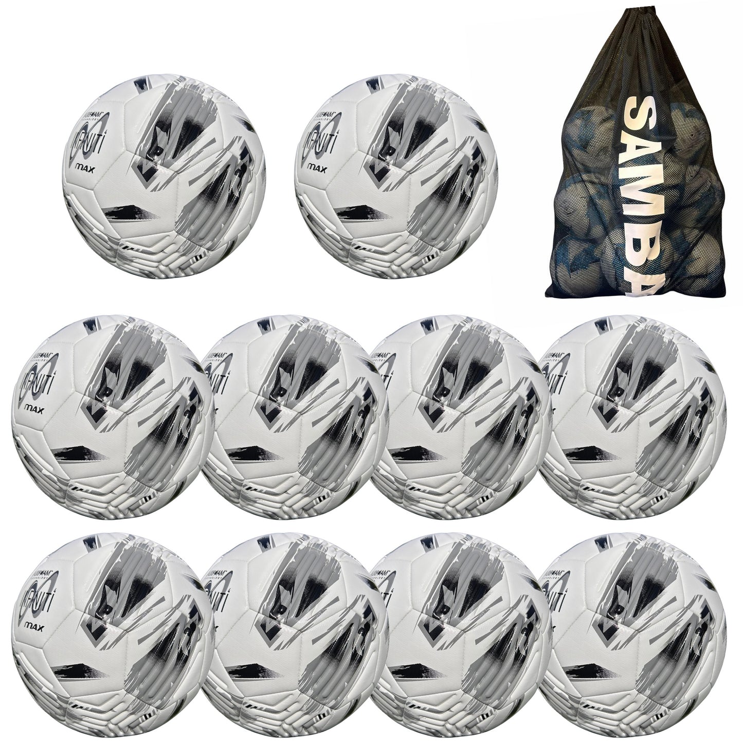 Bulk Buy 10 Samba Infiniti 4 MAX Training Football with AirFoam in Silver/White set of 10 with free ball bag