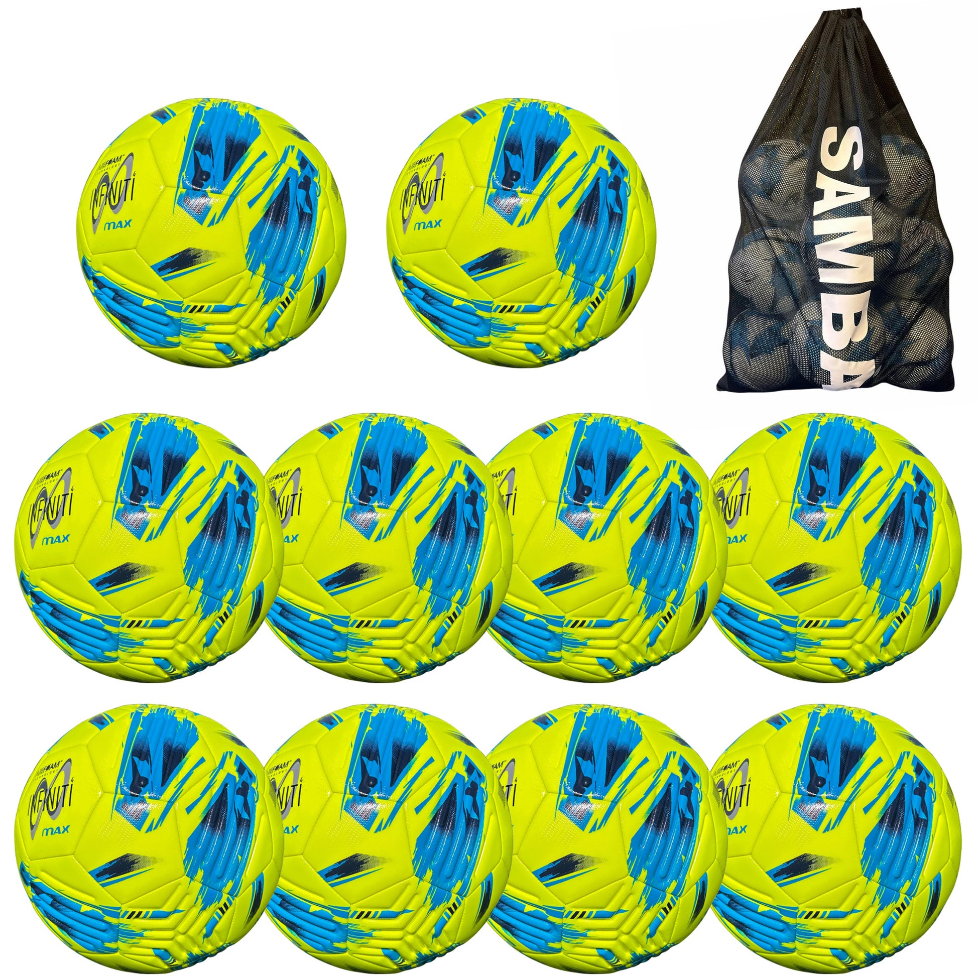 Bulk Buy 10 Samba Infiniti 4 MAX Training Football with AirFoam in Fluo Yellow/Blue set of 10 with free ball bag