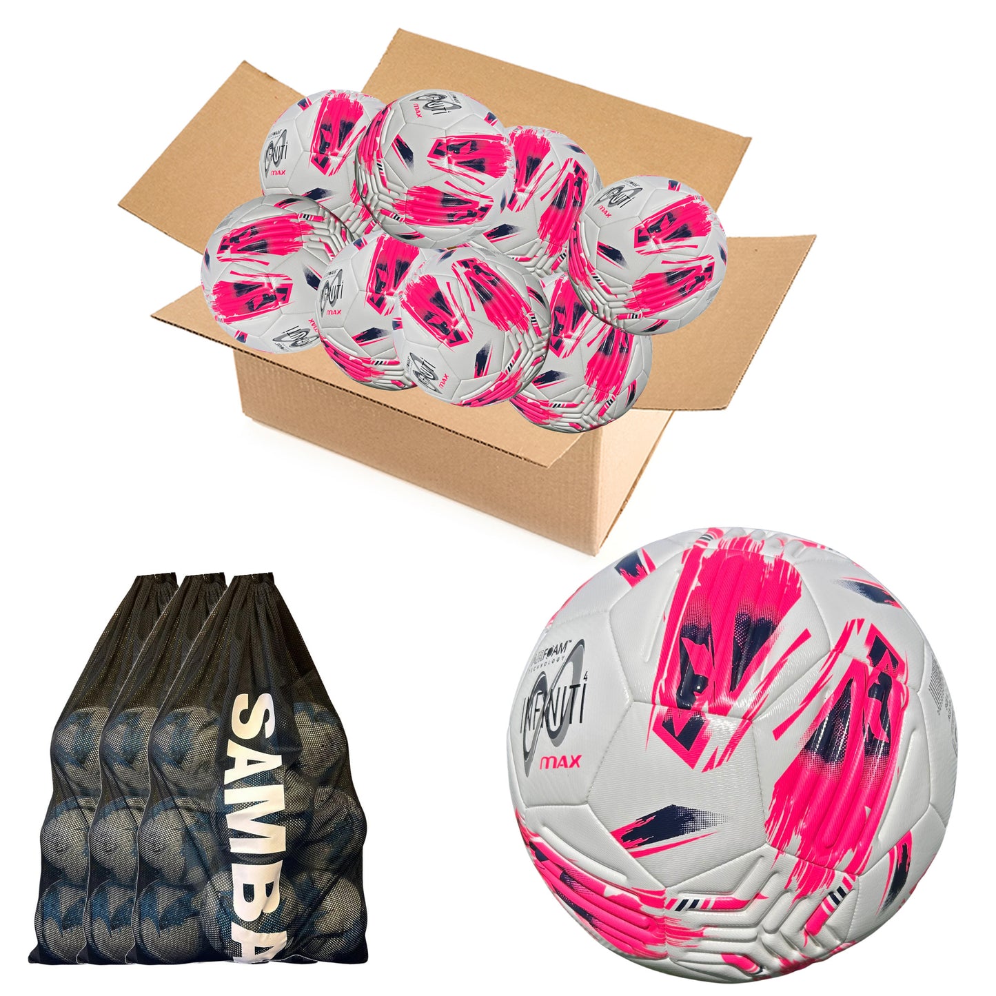 Bulk Buy 30 Samba Infiniti 4 MAX Training Football with AirFoam in Pink/White set of 10 with 3 free ball bags