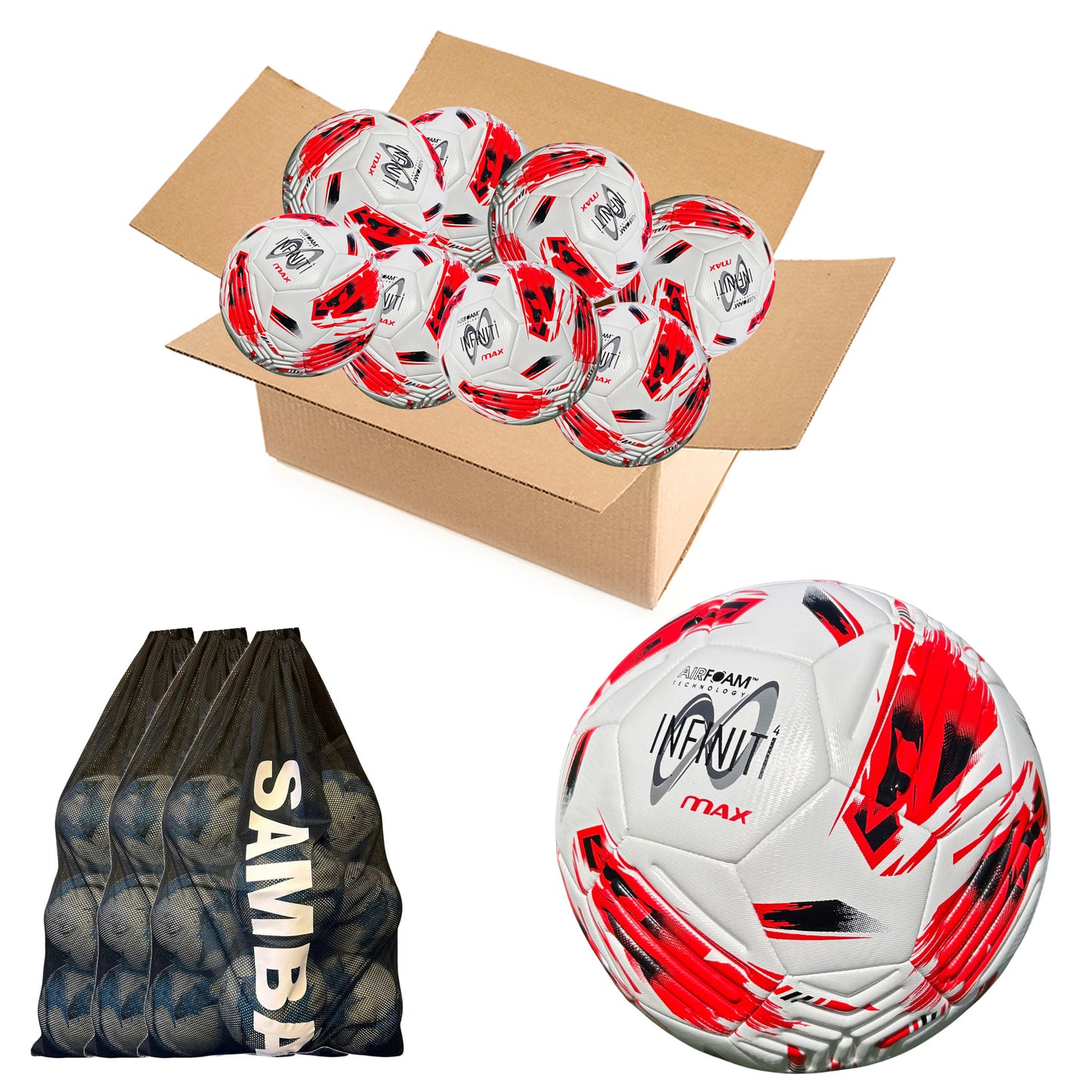 Bulk Buy 30 Samba Infiniti 4 MAX Training Football with AirFoam in Red/White set of 10 with 3 free ball bags