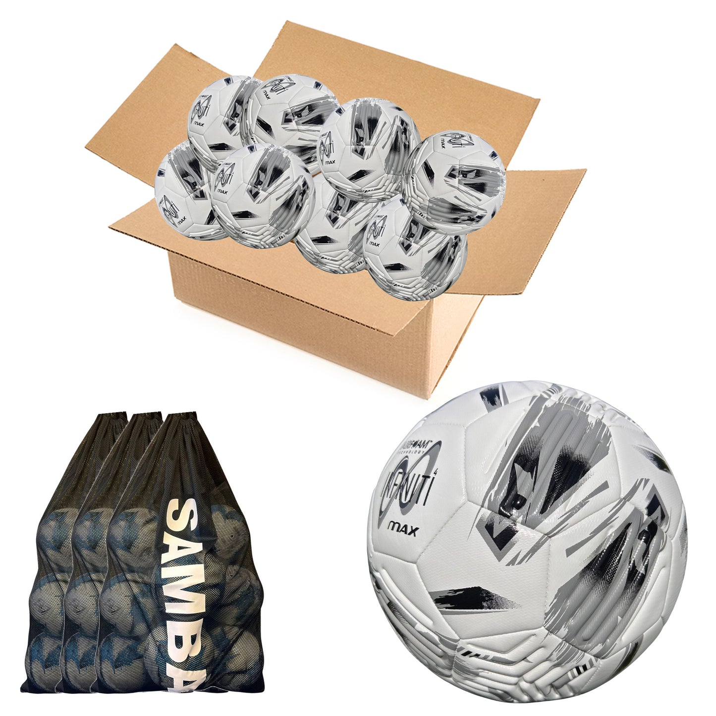 Bulk Buy 30 Samba Infiniti 4 MAX Training Football with AirFoam in Silver/White set of 10 with 3 free ball bags