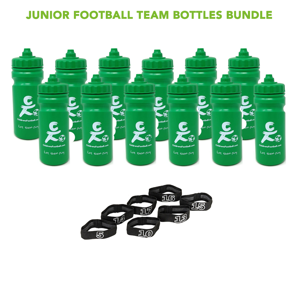 12 junior football team water bottles and number bands