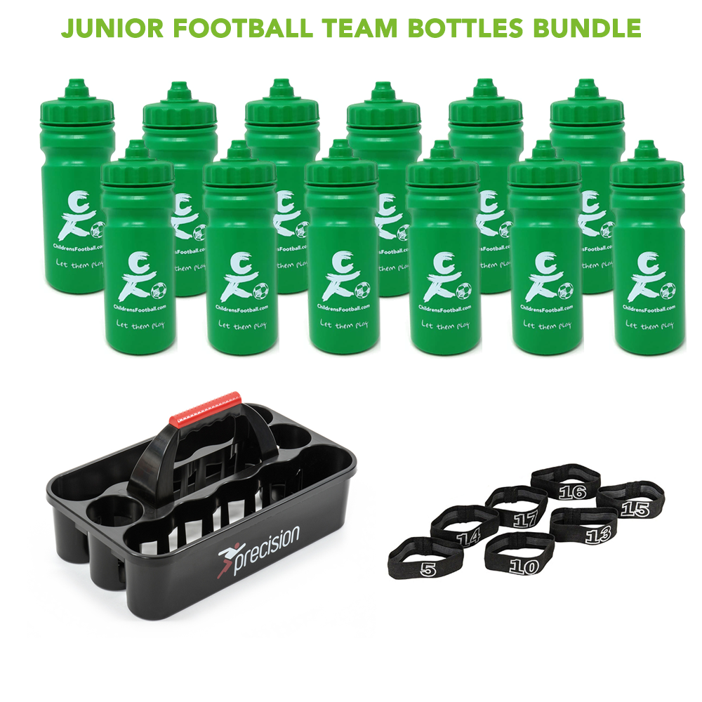 12 junior football team water bottles, bottle carrier and number bands