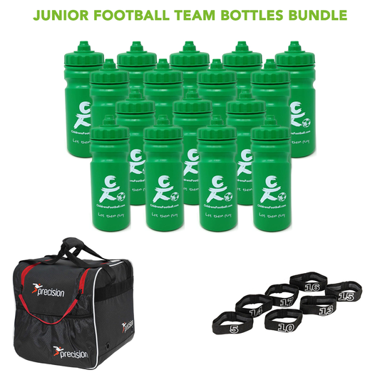 16 junior football team water bottles, bottle carrier and number bands