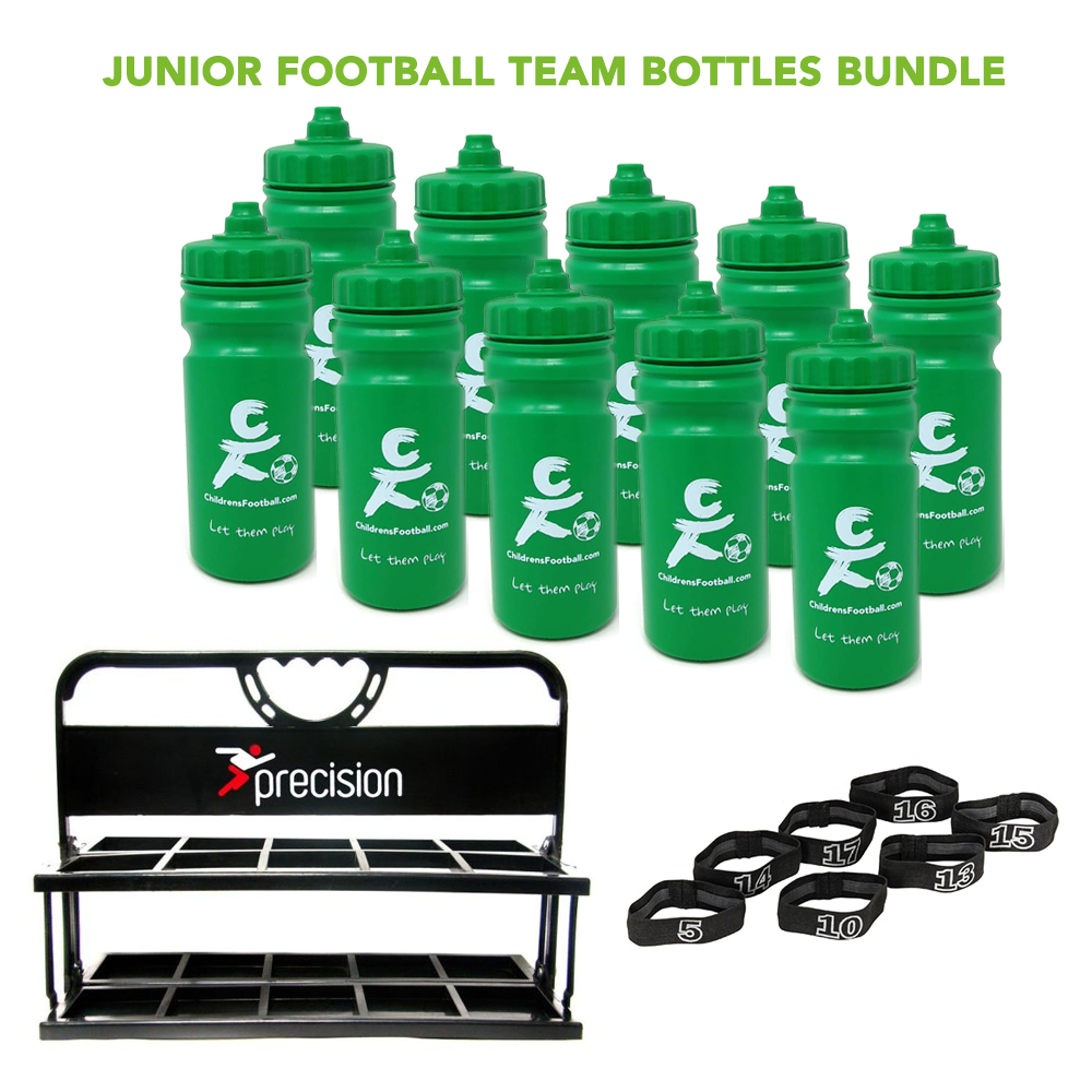 10 junior football team water bottles, bottle carrier and number bands