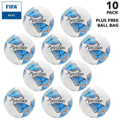 Pack of 10 footballs - Cyan Precision Fusion Training Footballs Size 3, 4 or 5 - with Free Ball Bag