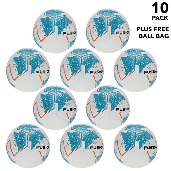 Pack of 10 footballs - Cyan Precision Fusion Training Footballs Size 3, 4 or 5 - with Free Ball Bag